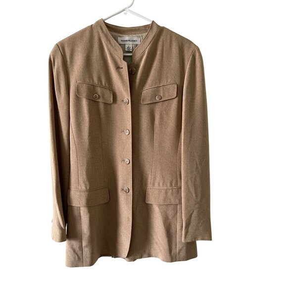 Anne Klein Womens Tan Herringbone Blazer With Button Front Pockets & Back Belted - Picture 1 of 9